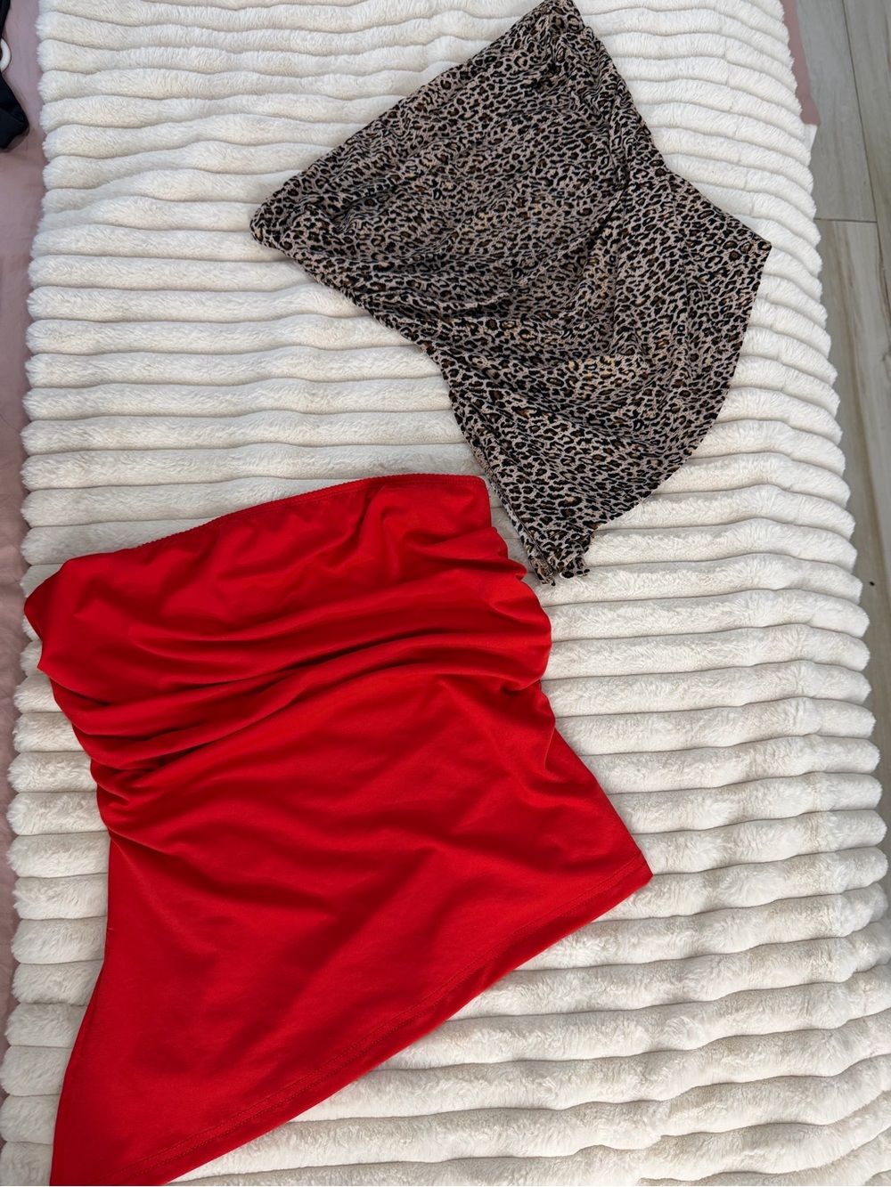 Red Strapless Top + Leopard Print Top